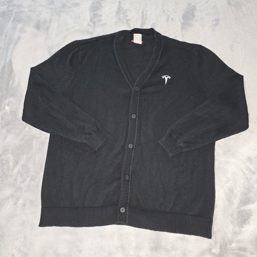 Tesla Mens Black Cardigan Sweater X-Large Button Up Embroidered Logo‎